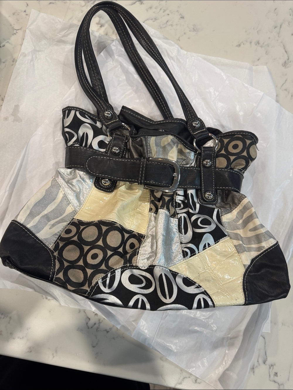 Chateau Patchwork Shouder Handbag/Black/Silver Animal Print